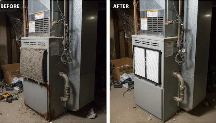 Furnace inspection — technician verifying heat exchanger