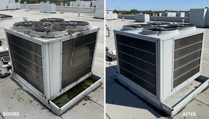 HVAC tune-up — technician inspecting evaporator coil